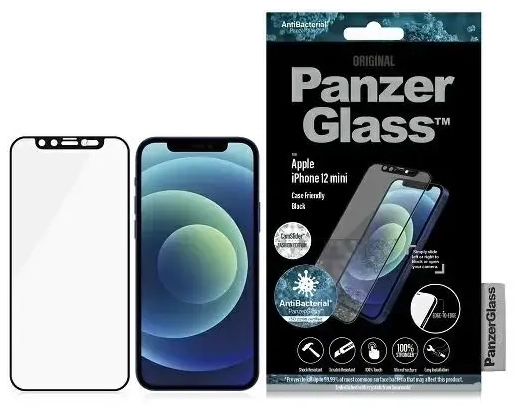 PanzerGlass E2E Microfracture Antibacterial Glass with Swarovsky Crystal Camera Cover for iPhone 12 mini - with Black Frame