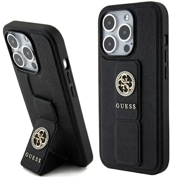 Guess GUHCP15XPGSSADK iPhone 15 Pro Max 6.7" czarny|black hardcase Grip Stand 4G Saffiano Strass