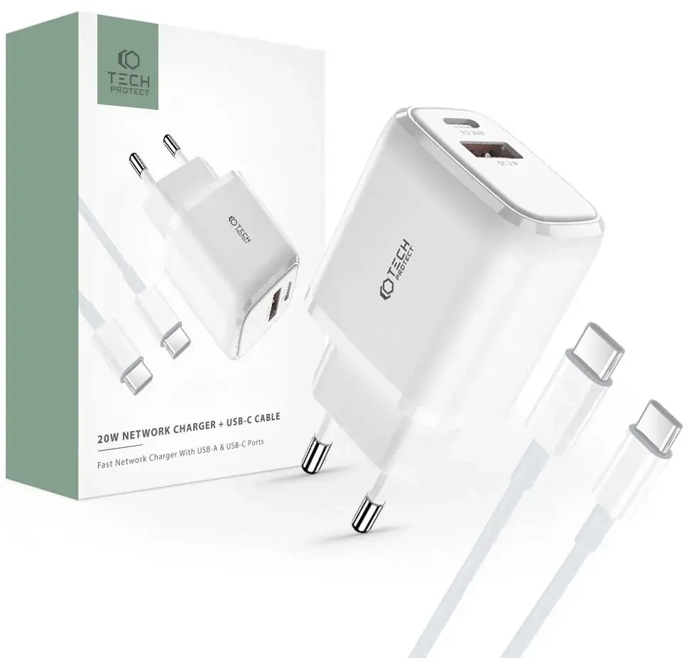 Tech-Protect C20W travel charger | 20W | PD, QC 3.0 | USB-C, USB-A | with USB-C to USB-C cable included | white