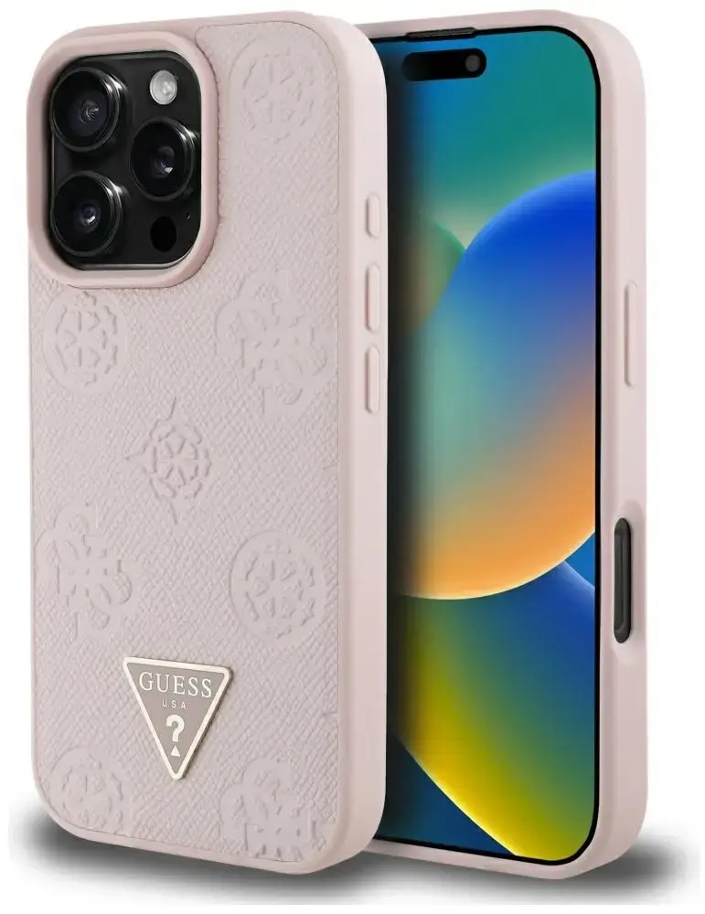 Чехол для телефона Guess Grained Hot Stamp Peony Triangle Logo MagSafe для iPhone 16 Pro розовый