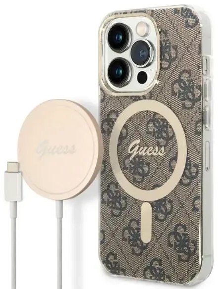 Guess 4G MagSafe Compatible Case + Wireless Charger for iPhone 14 Pro Max Brown