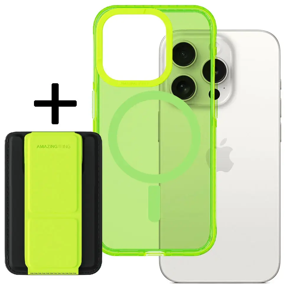 Amazing Thing Titan Pro Neon Mag knyginio tipo telefono dėklas su stovu ir MagSafe palaikymu iPhone 15 Pro Max žalias