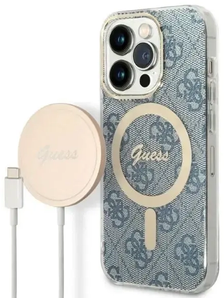 Zestaw Guess GUBPP14LH4EACSB Case+ Charger iPhone 14 Pro 6,1" niebieski|blue hard case 4G Print MagSafe