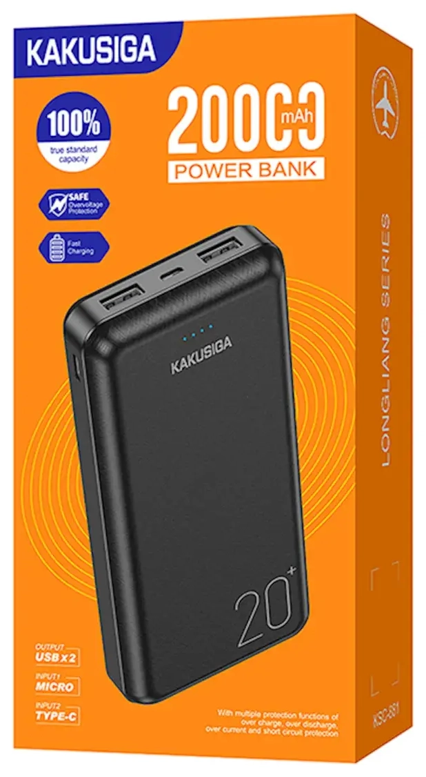 KAKUSIGA KSC-881 external battery (powerbank) | 20000 mAh | 15W | USB-A, Micro USB, USB-C | black