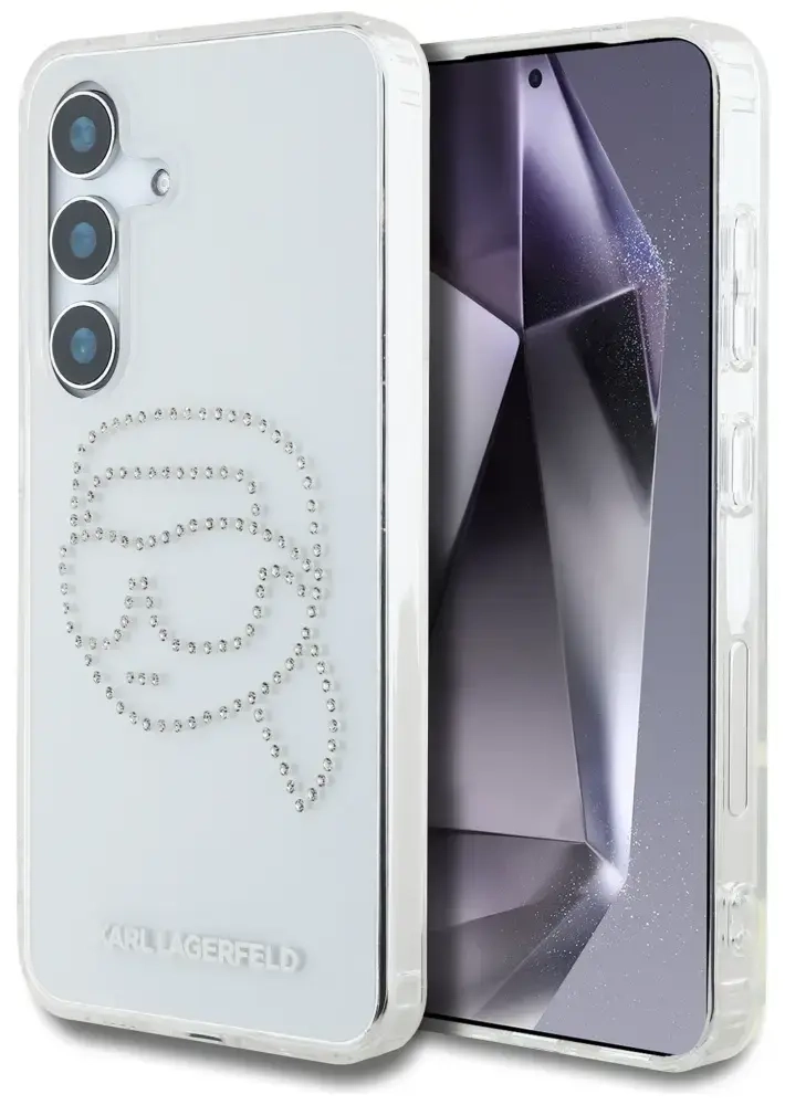Karl Lagerfeld Rhinestones Karl Head Logo telefona maciņš Samsung Galaxy S25 caurspīdīgs