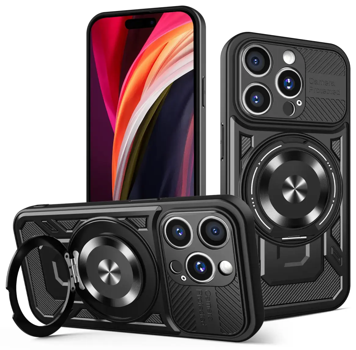 Defender Armor Mag maciņš ar statīvu un MagSafe atbalstu telefonam iPhone 15 Pro Max melns (ar kameras aizsargu)