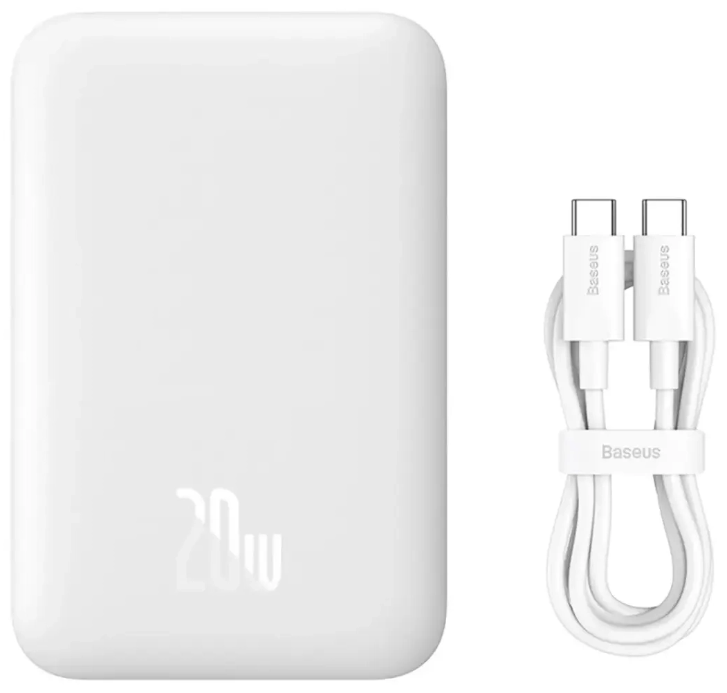 Baseus Magnetic Mini ārējais akumulators (powerbank) | 6000 mAh | 20W | USB-C, MagSafe | balts