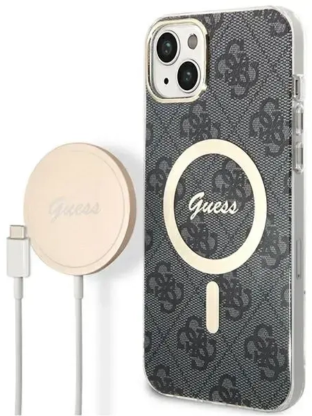 Zestaw Guess GUBPP14SH4EACSK Case+ Charger iPhone 14 6,1" czarny|black hard case 4G Print MagSafe