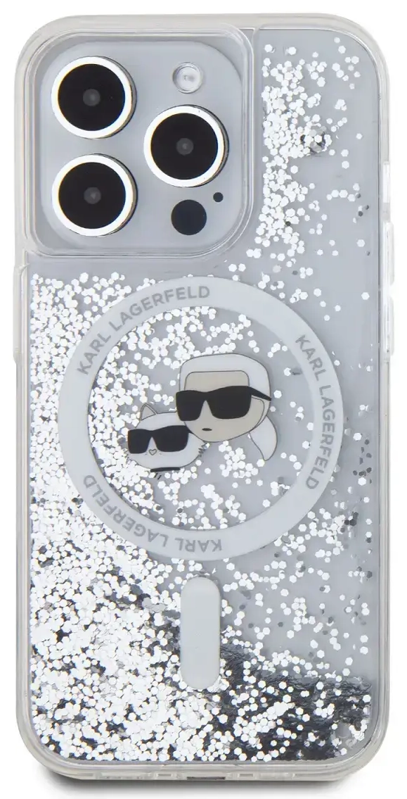 Karl Lagerfeld Liquid Glitter Karl and Choupette Heads MagSafe Case for iPhone 15 Pro Max Transparent