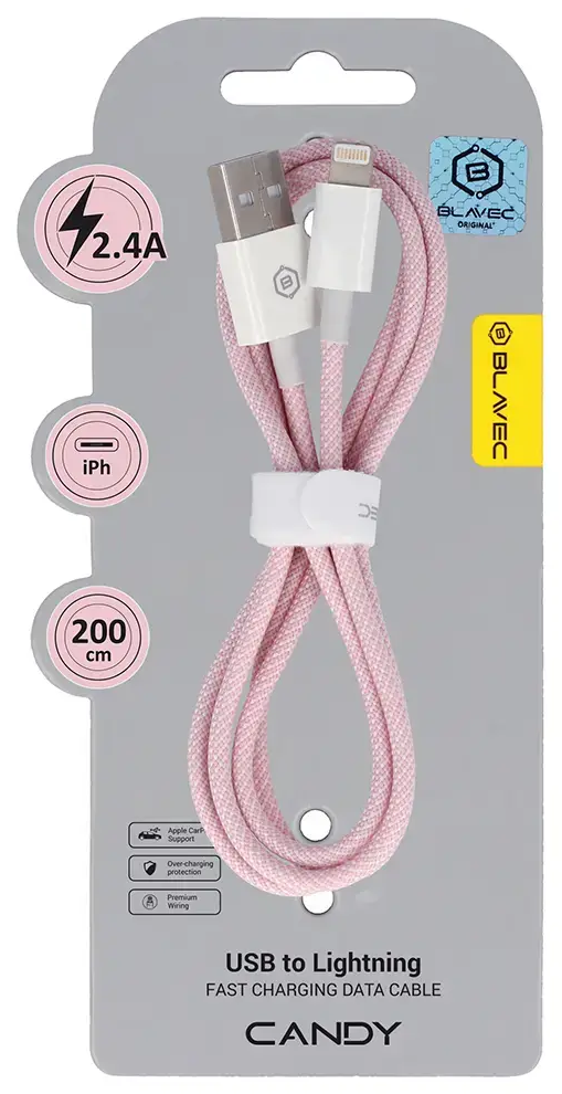 Blavec CCA-UL24P20 duomenų perdavimo ir įkrovimo laidas | USB-A į Lightning | 12W | 2m | rožinis