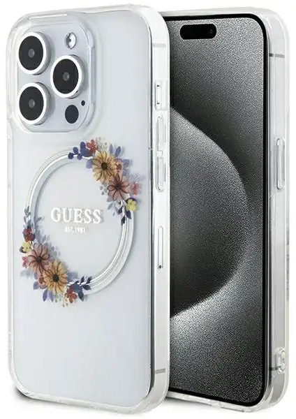 Guess GUHMP15LHFWFCT iPhone 15 Pro 6.1" transparent hardcase IML Flowers Wreatch MagSafe