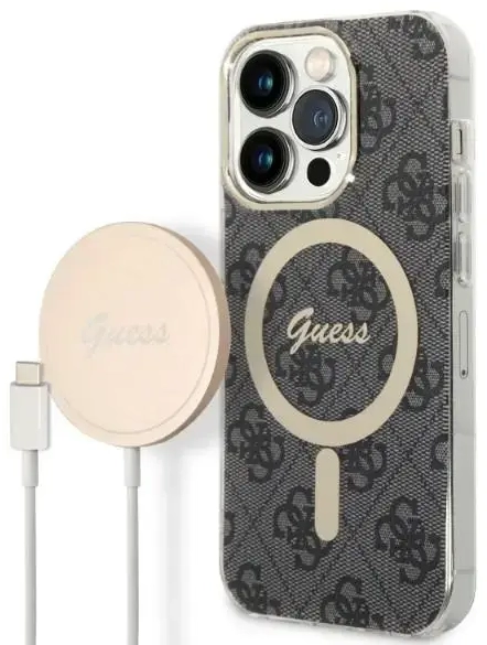Zestaw Guess GUBPP14LH4EACSK Case+ Charger iPhone 14 Pro 6,1" czarny|black hard case 4G Print MagSafe