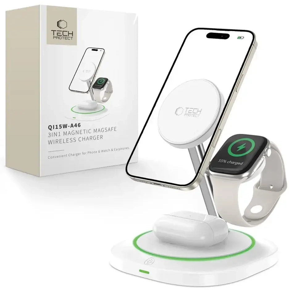 Tech-Protect QI15W-A46 3-in-1 juhtmevaba laadija | Qi | Ühildub MagSafe'iga | 20.5W | valge