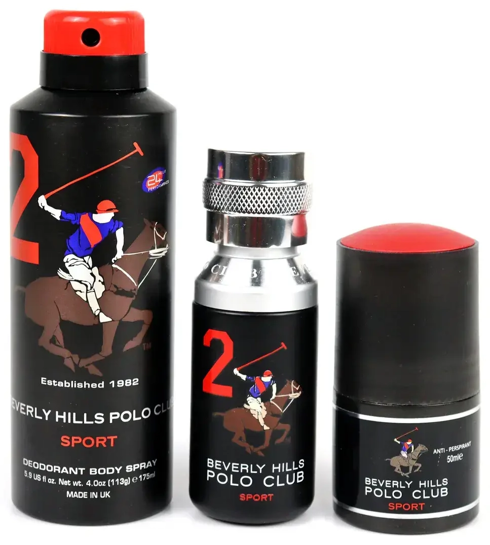 Beverly Hills Polo Club rinkinys: 1982 - Sport 2, tualetinis vanduo, vyrams, 50 ml + 1982 - Sport 2, antiperspirantas, purškiamas dezodorantas, vyrams, 175 ml + Sport 2, antiperspirantas, rutulinis dezodorantas, vyrams, 50 ml