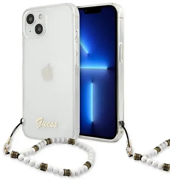 GUHCP13MKPSWH Guess PC Script and White Pearls Case for iPhone 13 Transparent