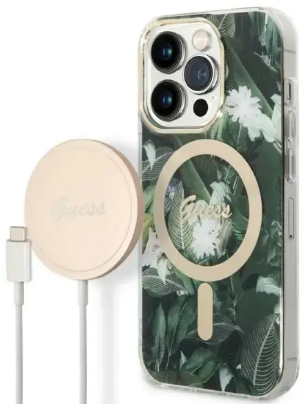 Zestaw Guess GUBPP14XHJEACSA Case+ Charger iPhone 14 Pro Max 6,7" zielony|green hard case Jungle MagSafe