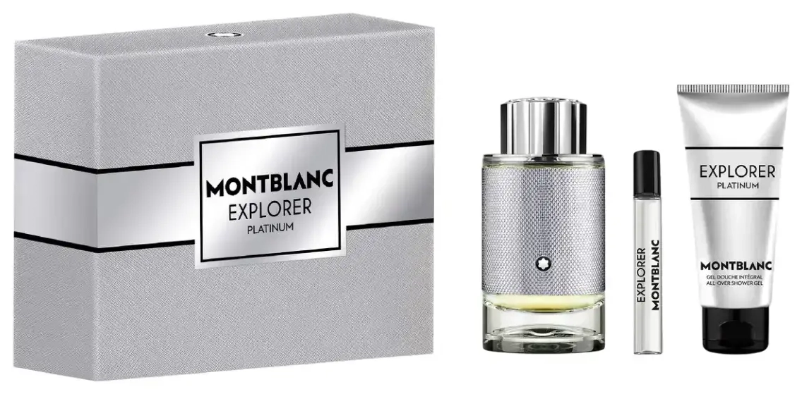 Set Montblanc: Explorer Platinum, Eau De Parfum, For Men, 100 ml + Explorer Platinum, Eau De Parfum, For Men, 7.5 ml + Explorer Platinum, Cleansing, Shower Gel, For All Skin Types, 100 ml