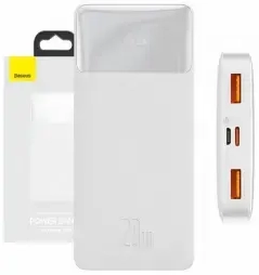 Baseus Bipow ārējais akumulators (powerbank) | 10000 mAh | 20W | USB-A, USB-C, Micro USB | LED ekrāns | balts