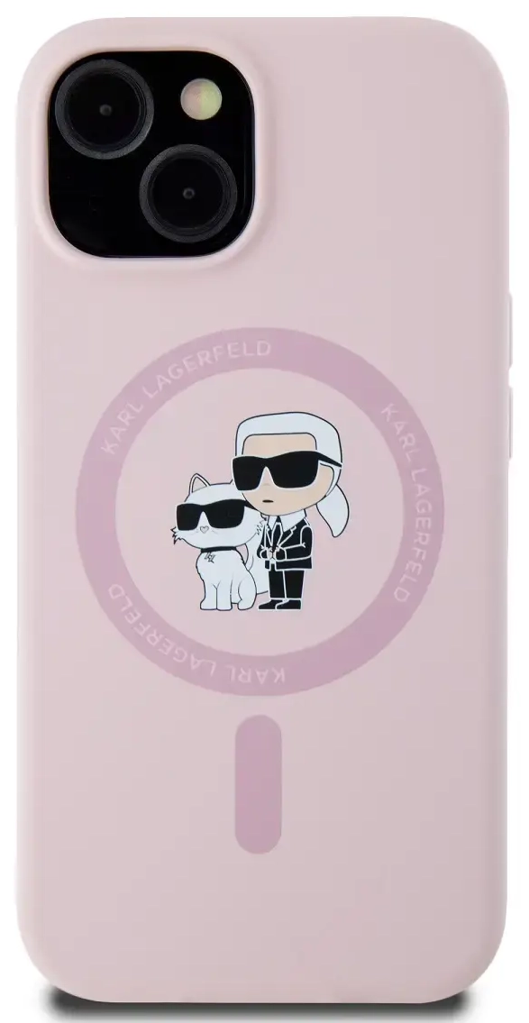 Karl Lagerfeld Liquid Silicone Karl and Choupette MagSafe Case for iPhone 15 Pink