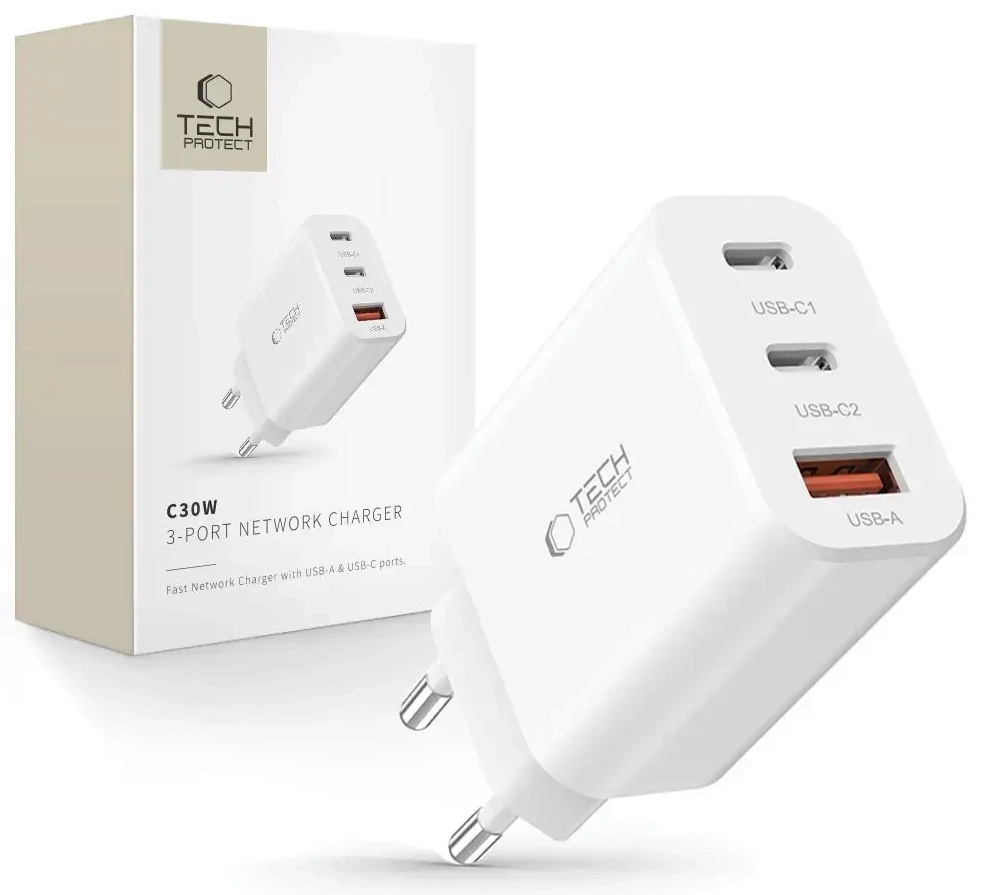 Tech-Protect NC30W travel charger | 30W | PD, QC3.0 | USB-C, USB-A | white