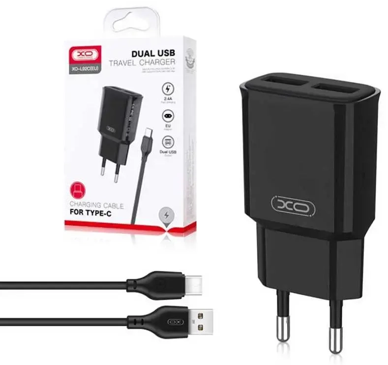 XO L92С tīkla lādētājs | 12W | USB-C | USB-C uz USB-C vads komplektā | melns