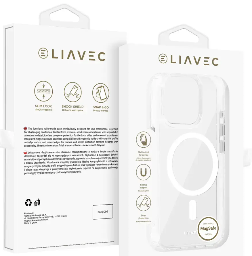 Liavec Glossy telefono dėklas su MagSafe palaikymu iPhone 15 Pro Max baltas