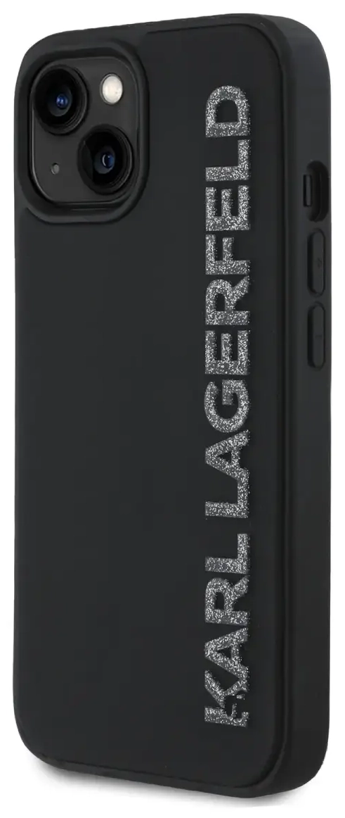 Karl Lagerfeld 3D Rubber Glitter Logo dėklas iPhone 13 telefonui, juodas