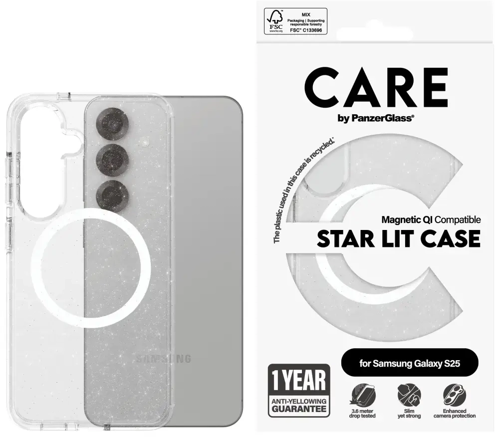 CARE by PanzerGlass Flagship Urban Combat Starlight White QI ümbris Samsung Galaxy S25 jaoks, läbipaistev
