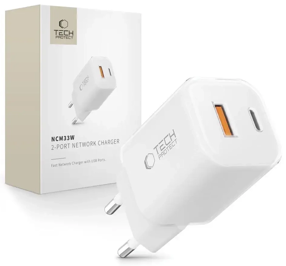 Tech-Protect NCM33W 2-port tīkla lādētājs | 33W | PD | USB-C | balts