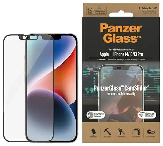 PanzerGlass Ultra-Wide Fit aizsargstikls telefonam iPhone 14 | iPhone 13 | iPhone 13 Pro 6.1" ekrāna aizsardzība CamSlider Antibakteriāls Easy Aligner iekļauts 2795