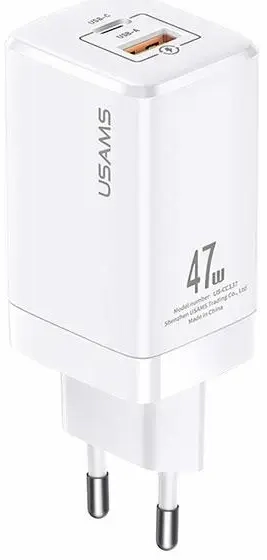 USAMS T41 tīkla lādētājs | 47W | GaN, PD, QC | USB-C, USB-A | balts