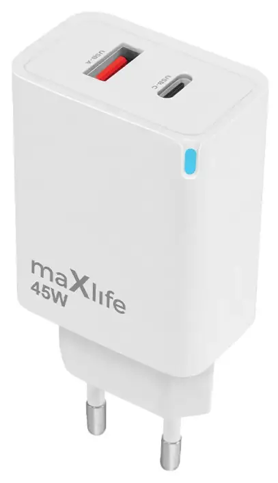 Maxlife MXTC-09-45AC tīkla lādētājs | 45W | PD, QC, GaN | USB-C, USB-A | balts