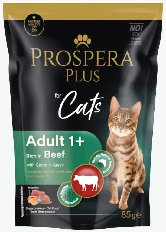 Konservi kaķiem - Prospera Plus, Cat Pouch Adult 1+, Beef and Carrot, 85 g