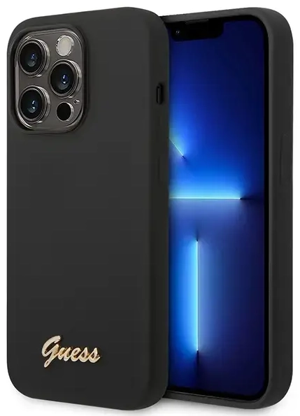 Guess Liquid Silicone Metal Logo dėklas iPhone 14 Pro juodas
