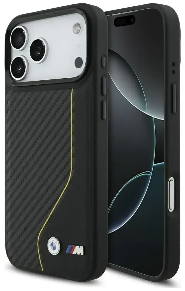 BMW M Carbon Line & Logo maciņš ar MagSafe atbalstu telefonam iPhone 17 Pro Max dzeltena