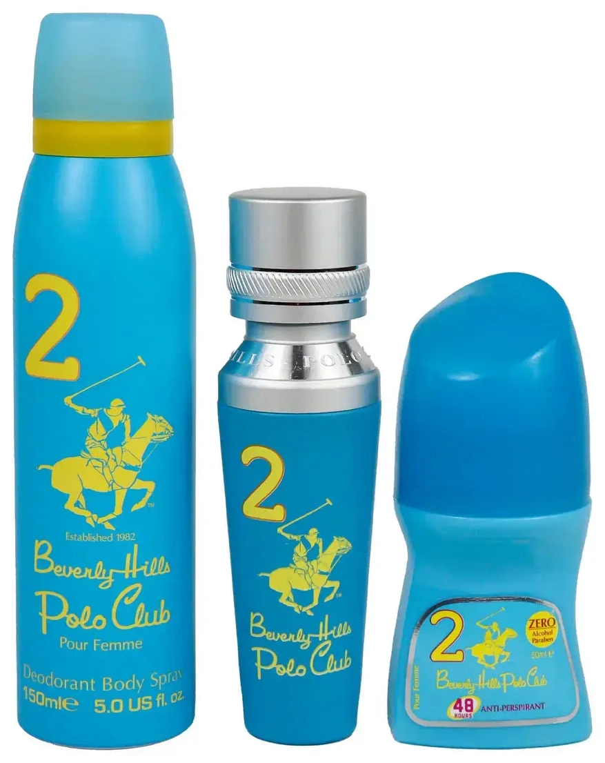 Beverly Hills Polo Club rinkinys: No. 2, parfumuotas vanduo, moterims, 50 ml + No. 2, antiperspirantas, rutulinis dezodorantas, moterims, 50 ml + 1982 - Sport 2, gaiviklis, kūno purškiklis, 150 ml