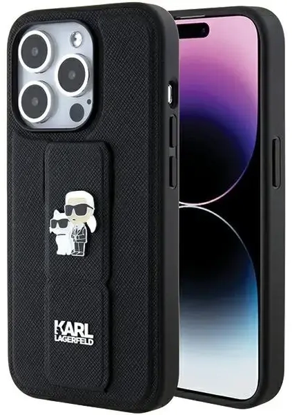 Karl Lagerfeld Gripstand Saffiano Karl&Choupette Pins case for iPhone 15 Pro - black