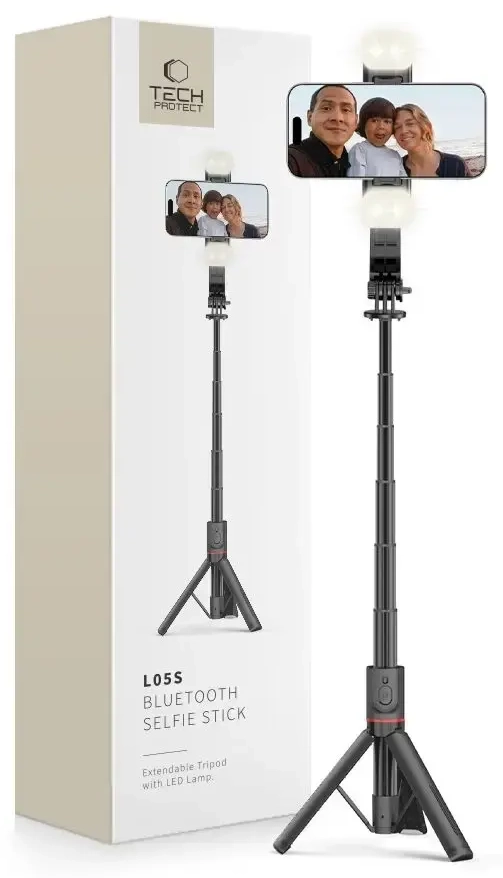 Tech-Protect L05S Bluetooth selfie stick with tripod up to 105cm with LED lamp - black