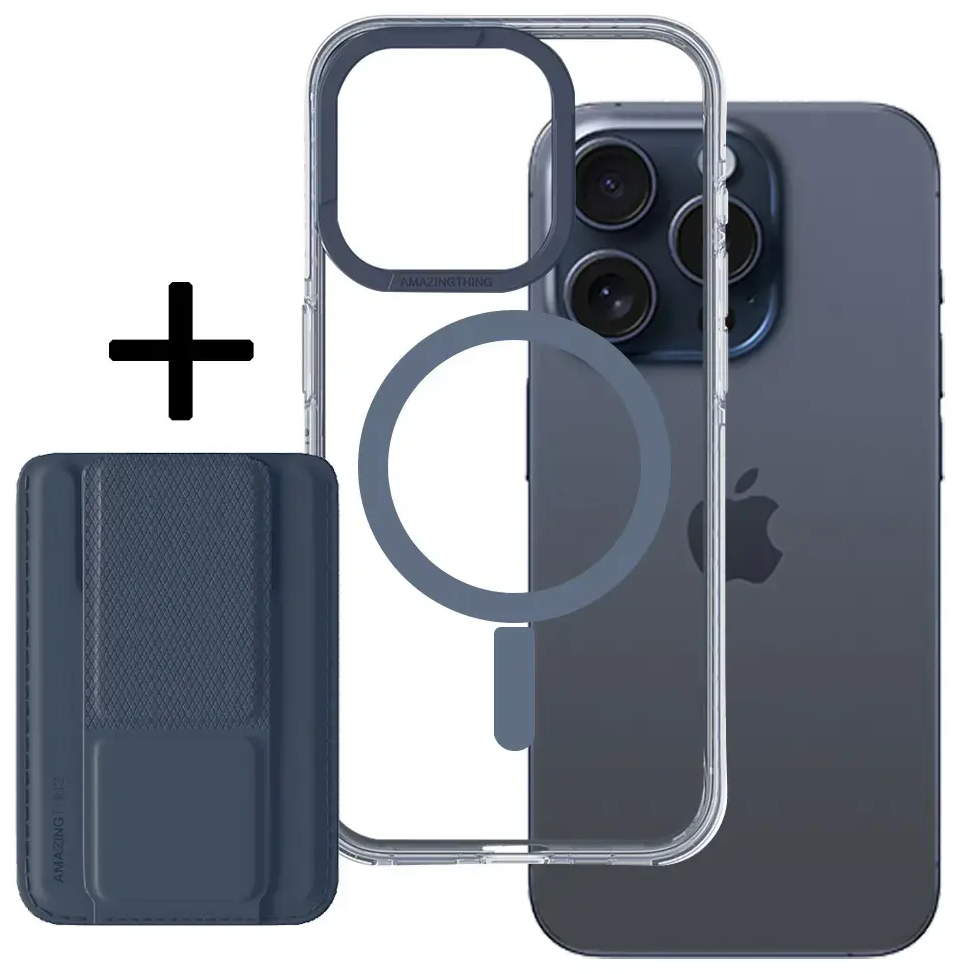Amazing Thing Titan Pro Mag book type phone case with stand and MagSafe support for iPhone 15 Pro navy