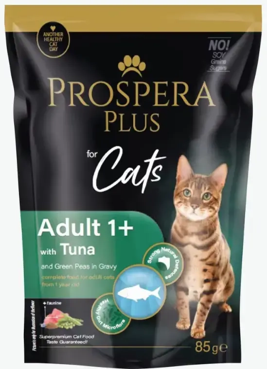 Konservi kaķiem - Prospera Plus, Cat Pouch Adult 1+, Tuna and Peas, 85 g