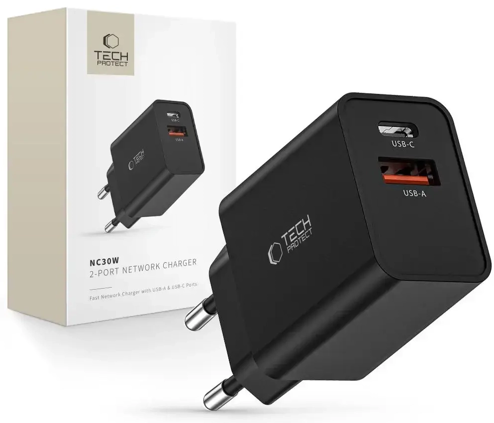 Tech-Protect NC30W travel charger | 30W | PD, QC 3.0 | USB-C, USB-A | black