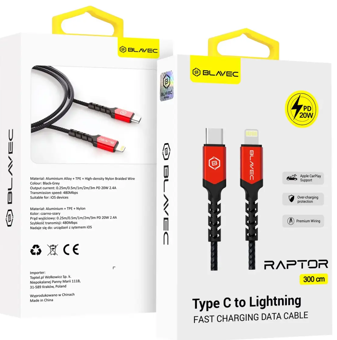 Blavec Raptor CRA-CL24BR30 datu pārraides un uzlādes vads | USB-C uz Lightning | PD | 20W | 3m | melns, sarkans