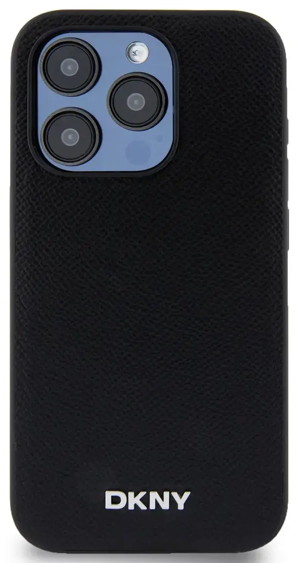 DKNY PU Leather Silver Metal Logo Magsafe Case for iPhone 15 Pro Black