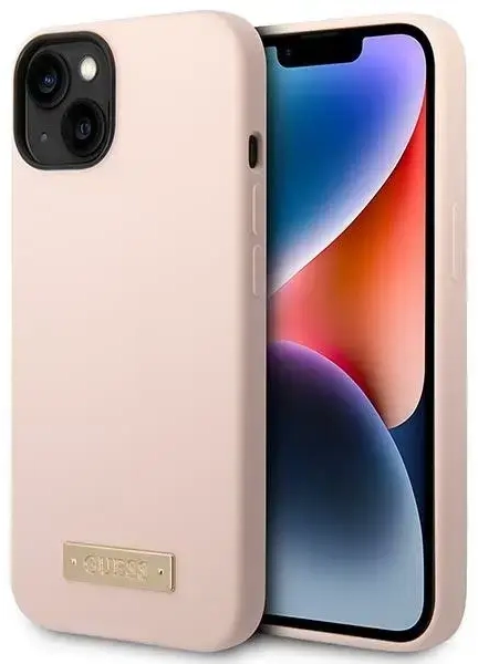 Guess Silikona Logotipa telefona maciņš priekš iPhone 14 Plus | iPhone 15 Plus 6.7 rozā cietā čehola ar MagSafe atbalstu