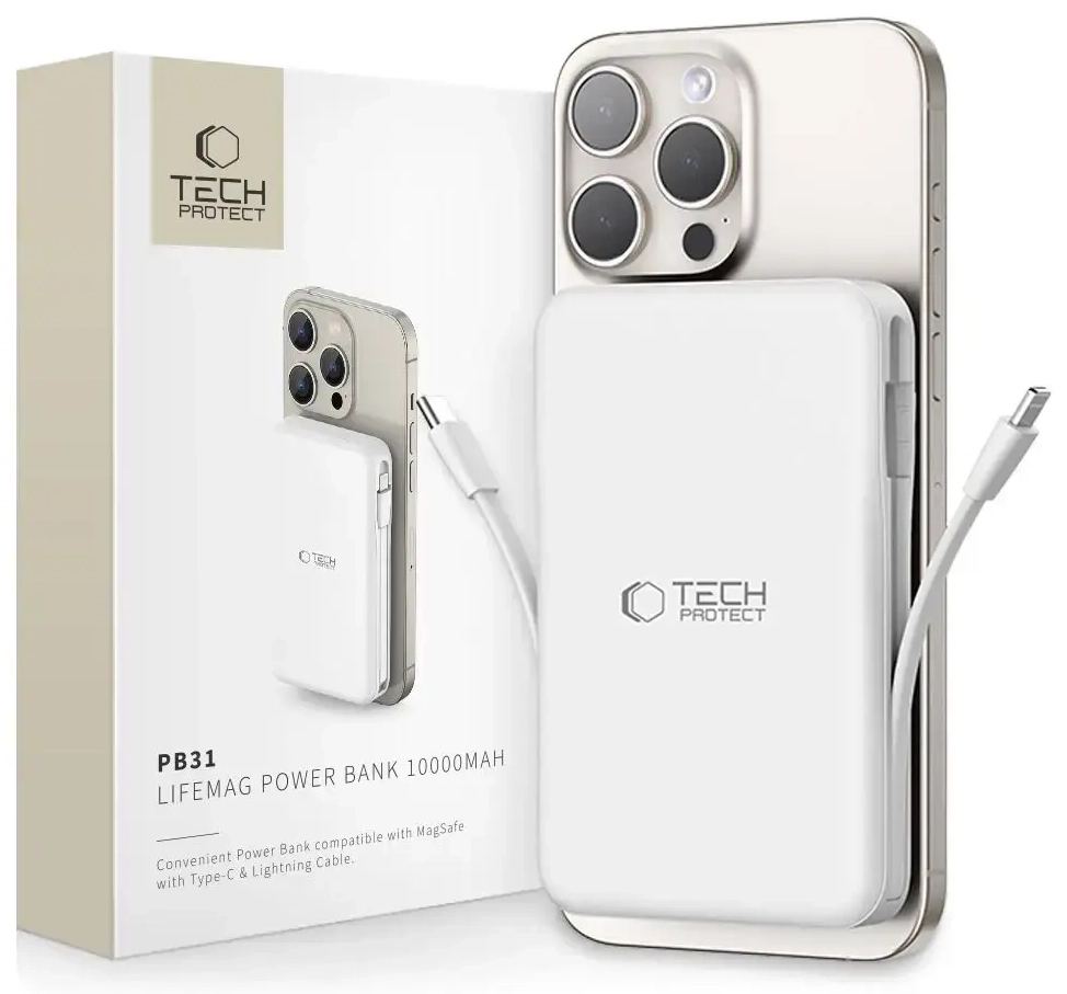 Tech-Protect LifeMag PB31 ārējais akumulators (powerbank) | 10000 mAh | 15W | USB-C, USB-A, Lightning, MagSafe | balts