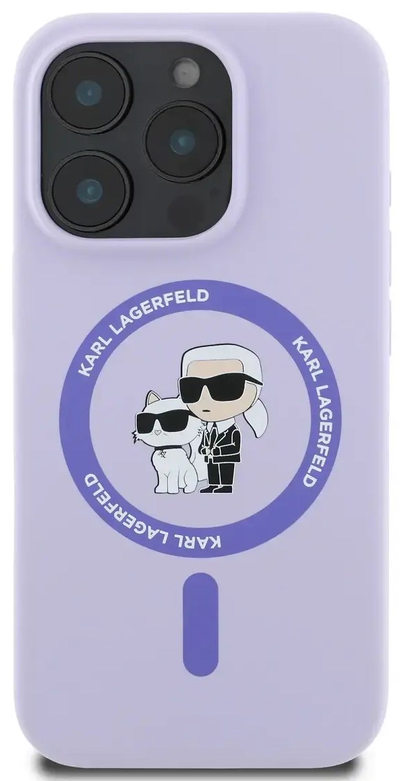 Karl Lagerfeld Liquid Silicone Karl and Choupette MagSafe Case for iPhone 16 Pro Purple