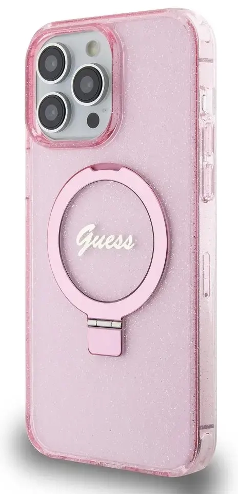 Guess IML Ring Stand Glitter MagSafe Case for iPhone 15 Pro Max Pink