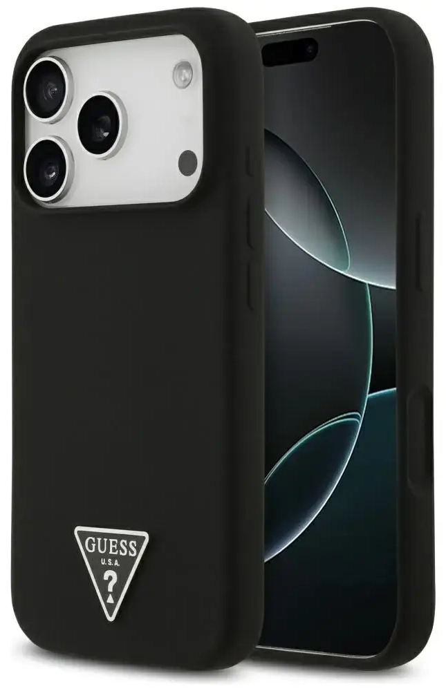 Guess Silicone Triangle Logo maciņš ar MagSafe atbalstu telefonam iPhone 17 Pro Max melns