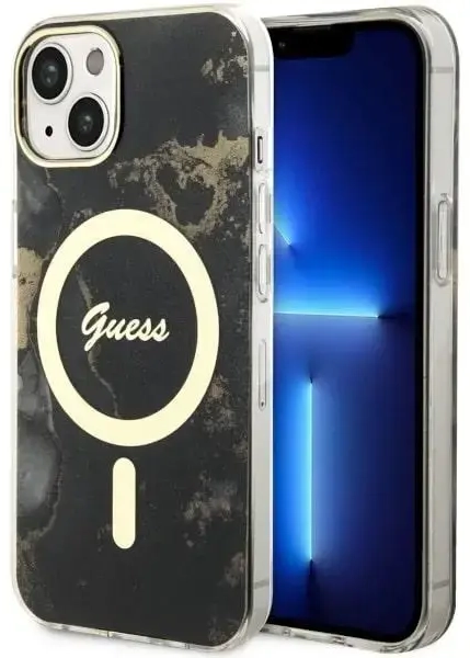 Guess GUHMP14SHTMRSK iPhone 14 6.1" black|black hardcase Golden Marble MagSafe