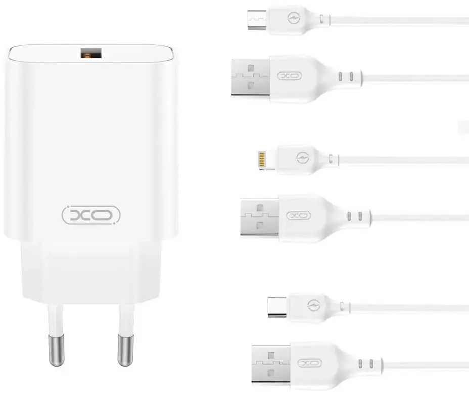 XO CE33 tīkla lādētājs | 18W | QC | USB-A, Lightning | ar USB-A uz Lightning vadu komplektā | balts